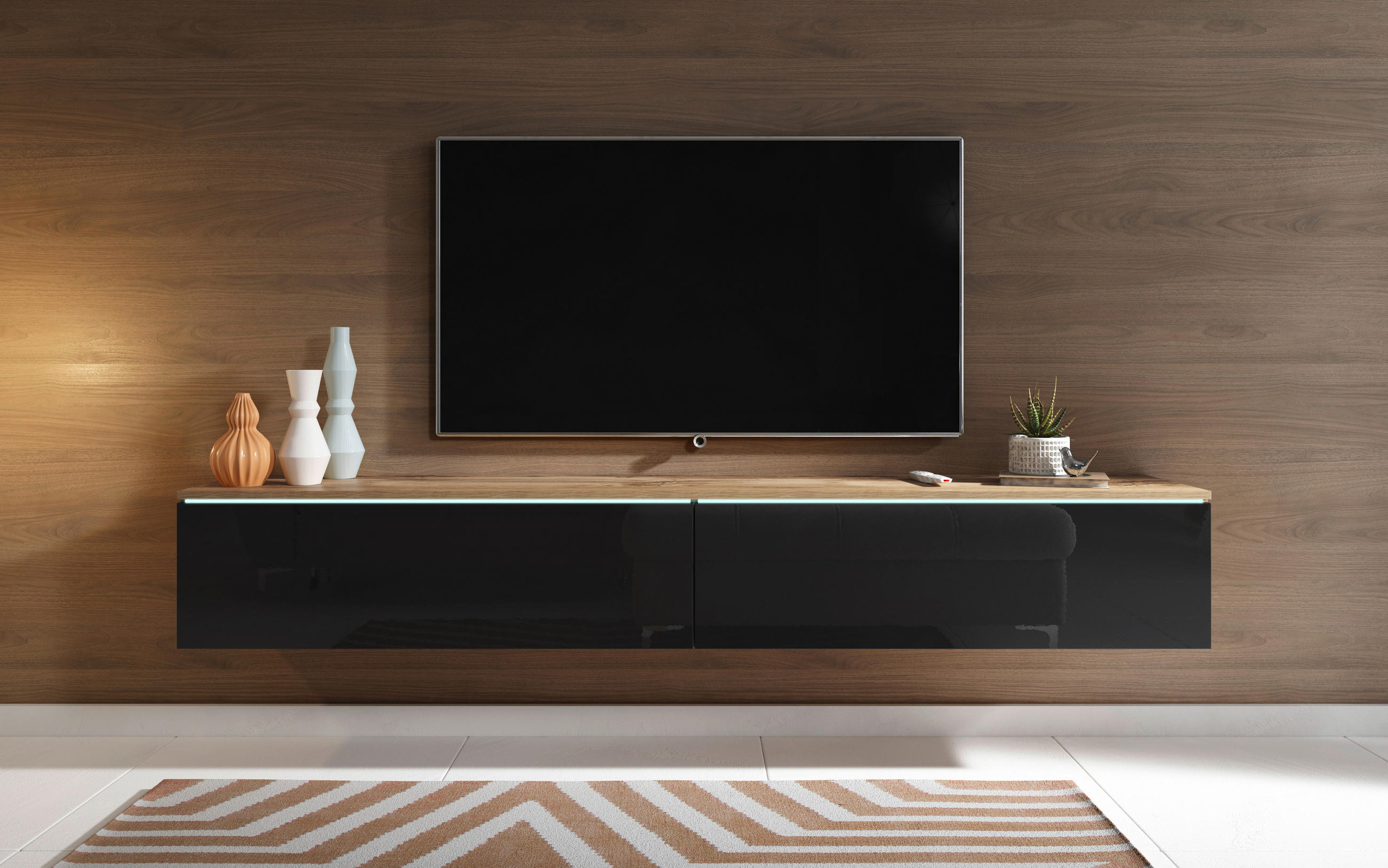 TV-BÄNK Vera  i 180/30/33 cm  - svart högglans/ek Wotan, Lifestyle, trämaterial/plast (180/30/33cm) - P & B