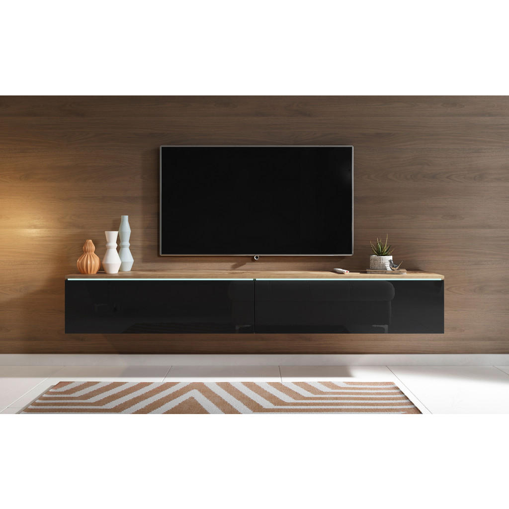 Thumbnail - P & B Lowboard D180, Eiche Wotan, Schwarz Hochglanz, Holzwerkstoff, 180x30x33 cm, Fsc, Made in EU, stehend, hängend, Bel...