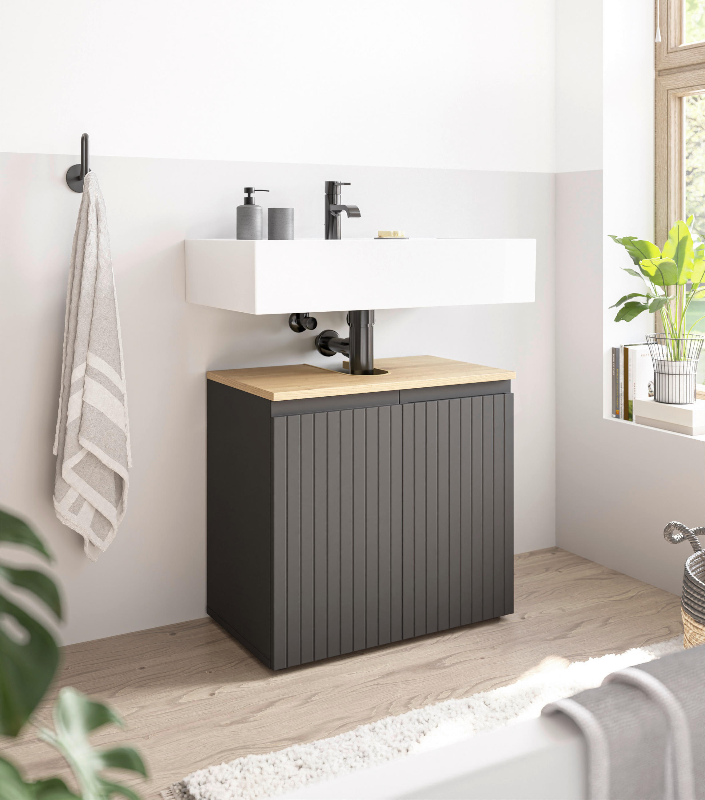 WASCHBECKENUNTERSCHRANK 60/57/36 cm  - Eichefarben/Schwarz, MODERN, Holzwerkstoff/Kunststoff (60/57/36cm) - MID.YOU