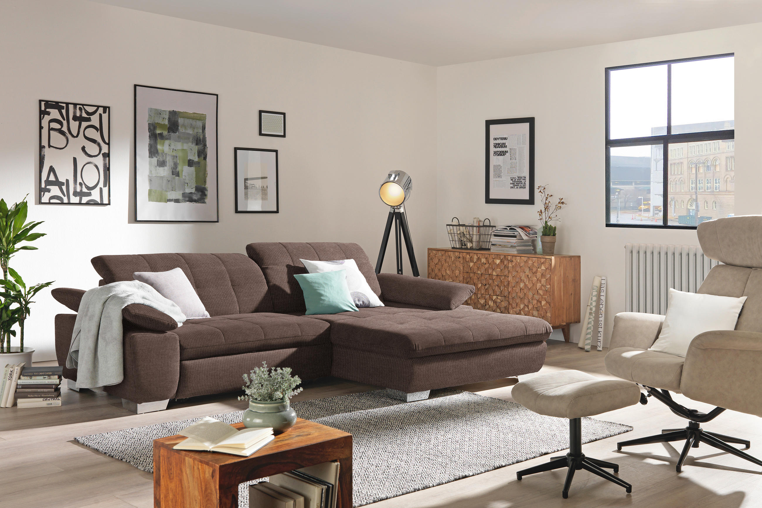 ECKSOFA in Mikrofaser Hellbraun  - Chromfarben/Hellbraun, Design, Textil/Metall (265/180cm) - Carryhome
