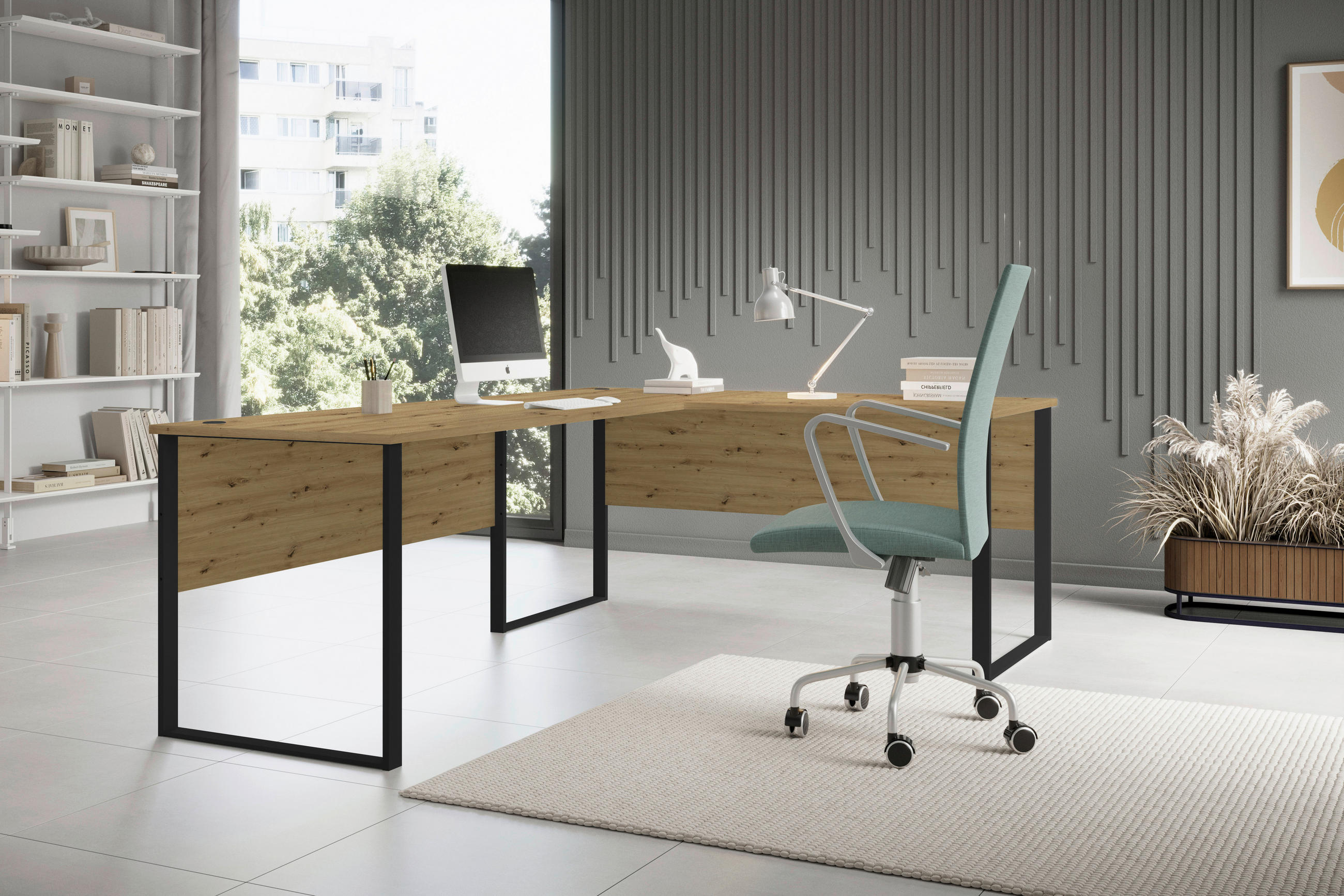 SCHREIBTISCH  in Eiche Artisan  - Schwarz/Eiche Artisan, MODERN, Holzwerkstoff/Metall (223/77/73cm) - MID.YOU
