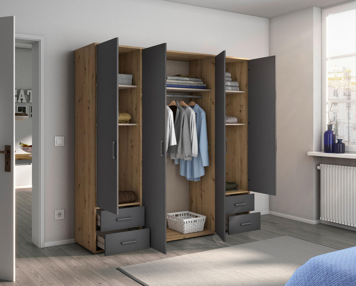 DREHTÜRENSCHRANK in Grau, Eiche Artisan  - Eiche Artisan/Grau, Modern, Holzwerkstoff/Kunststoff (187/194/53cm) - Rauch Möbel