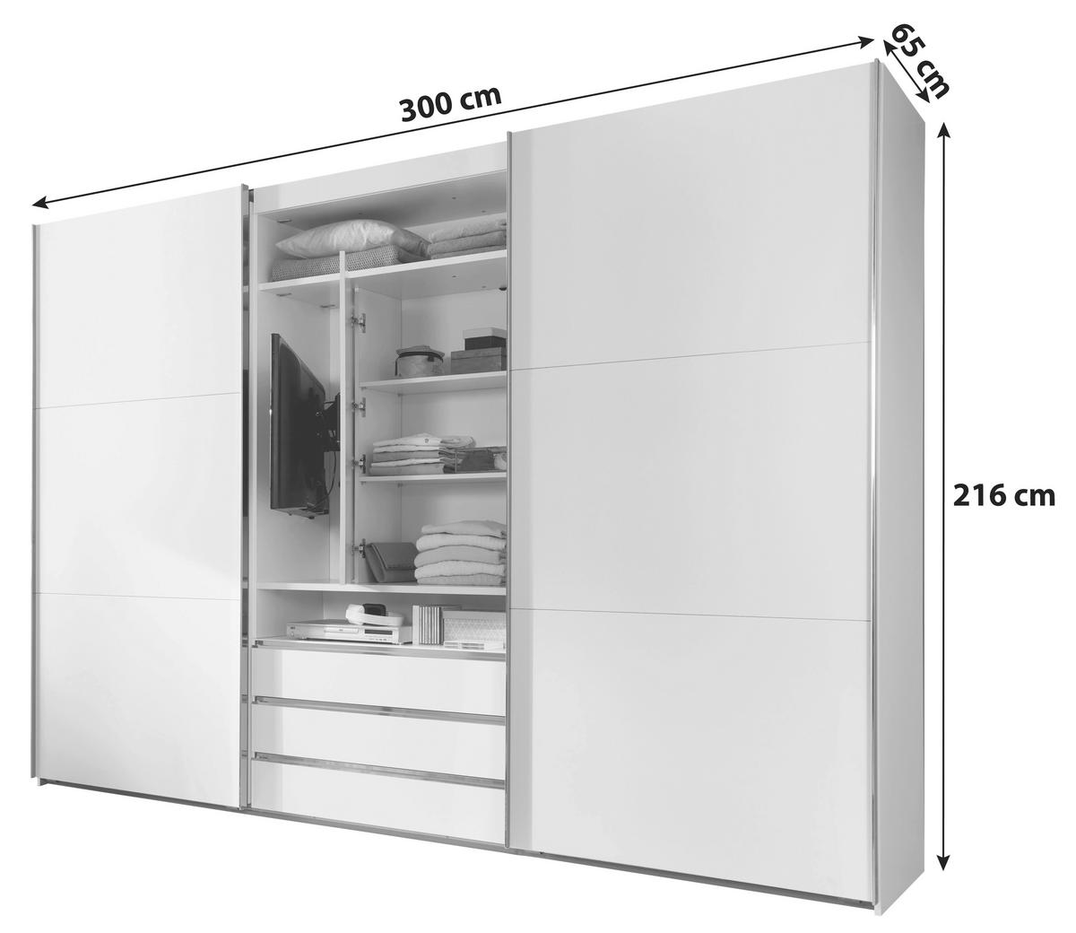 SCHWEBETÜRENSCHRANK 300/216/65 cm 2-türig Weiß  - Edelstahlfarben/Weiß, MODERN, Holzwerkstoff/Metall (300/216/65cm) - MID.YOU