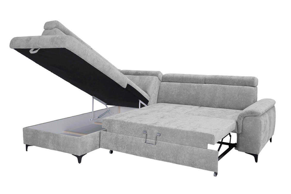 ECKSOFA Silberfarben Chenille Bettkasten, Schlaffunktion, Rücken echt, Kopfteilverstellung, Liegefläche im Originalstoff  - Silberfarben/Schwarz, KONVENTIONELL, Textil/Metall (206/265cm) - Carryhome