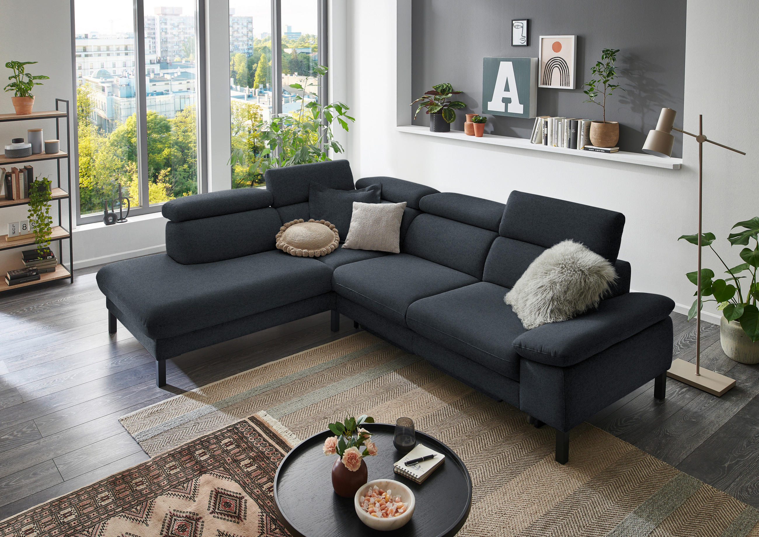 ECKSOFA in Flachgewebe Anthrazit  - Anthrazit/Schwarz, Design, Holzwerkstoff/Textil (217/272cm) - Pure Home Comfort