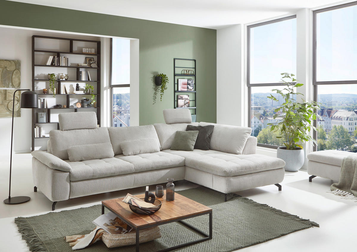 ECKSOFA in Cord, Velours Ecru  - Ecru/Schwarz, Design, Textil/Metall (291/197cm) - Beldomo Style