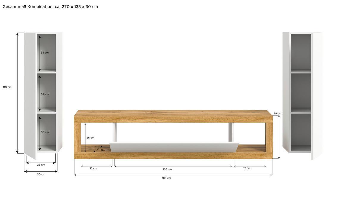 WOHNWAND 3-teilig  in Eiche Wotan, Weiß  270/135/30 cm  - Eiche Wotan/Schwarz, Design, Holzwerkstoff (270/135/30cm) - MID.YOU