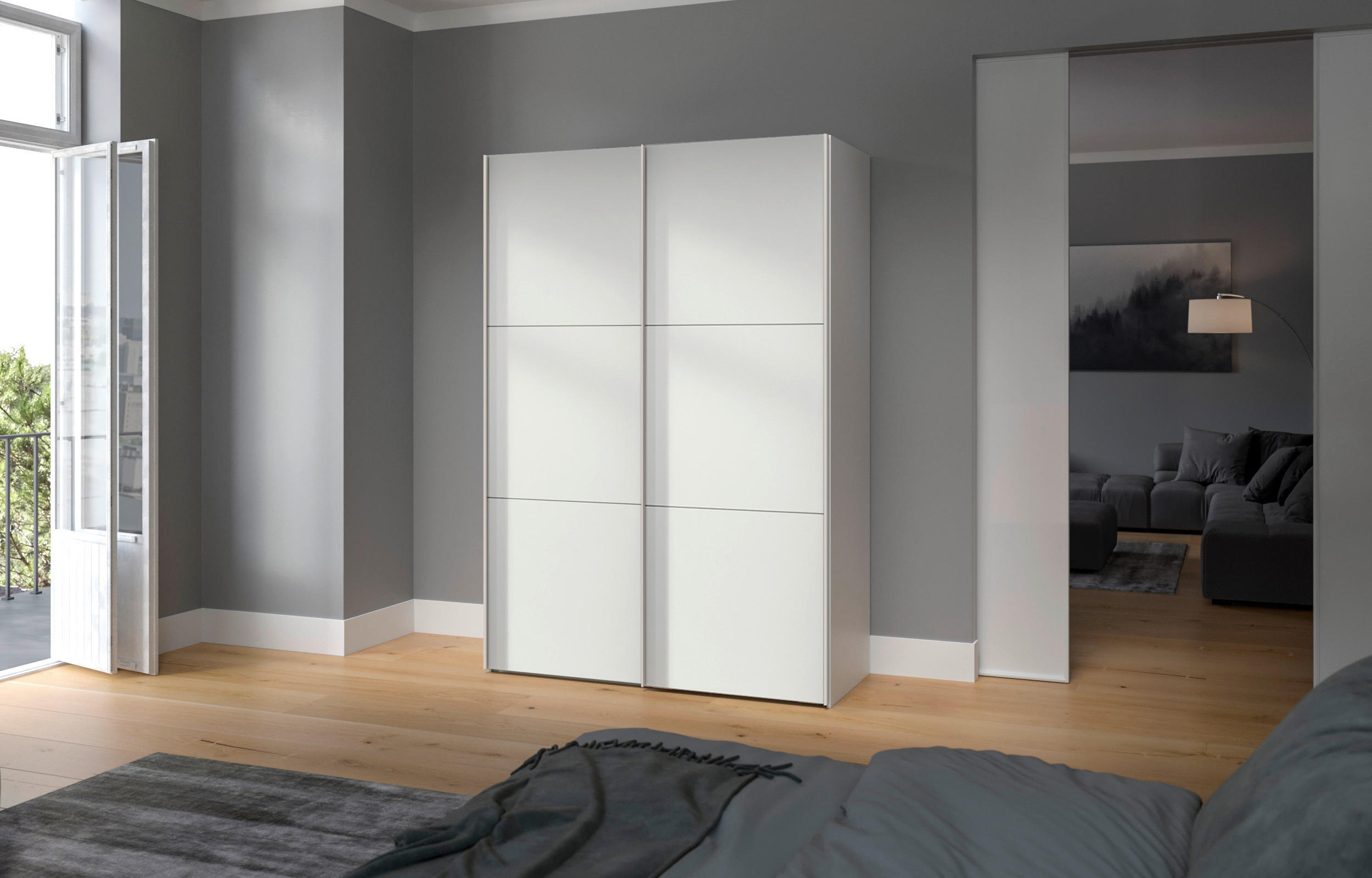 SCHWEBETÜRENSCHRANK 152/215/65 cm 2-türig Weiß - Edelstahlfarben/Weiß, Design, Holzwerkstoff (152/215/65cm) - Boxxx
