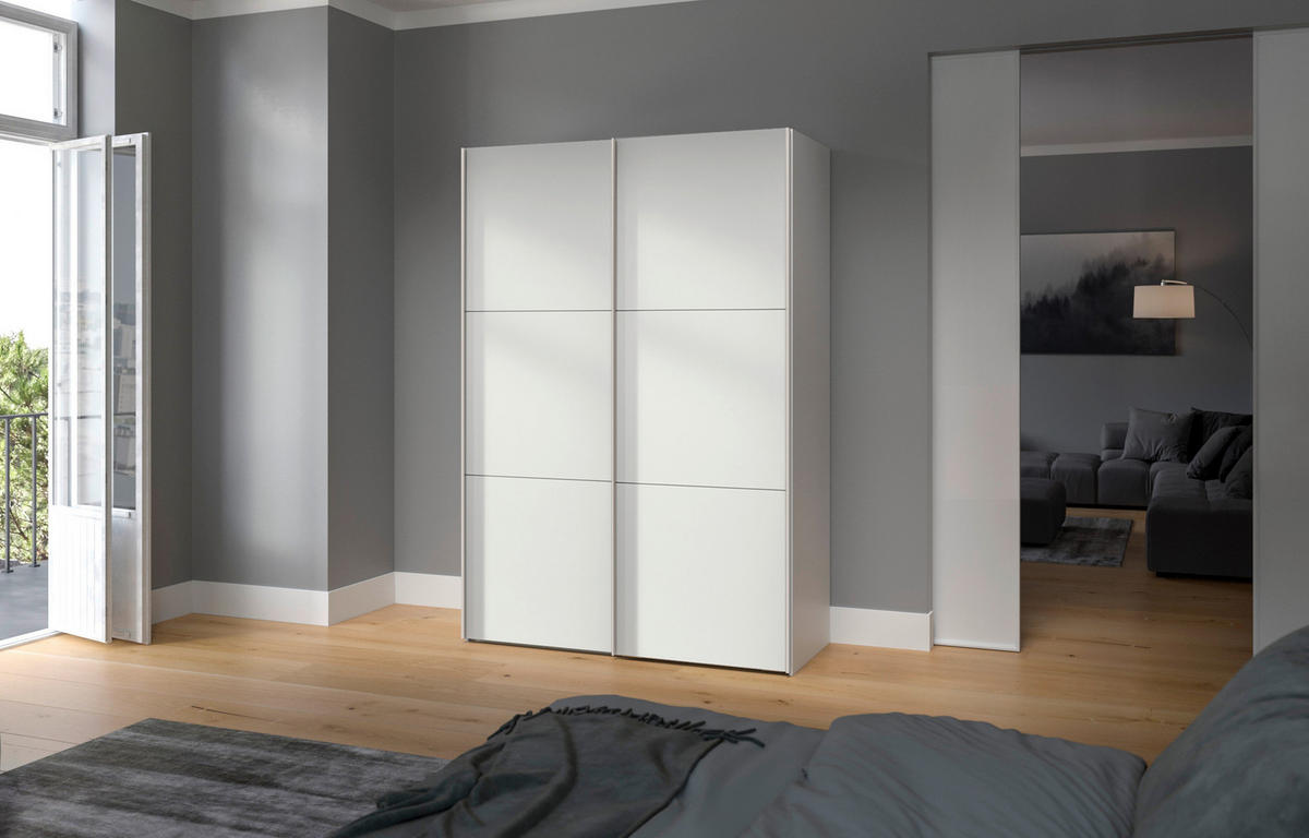 SCHWEBETÜRENSCHRANK in Weiss  - Weiss/Edelstahlfarben, Design, Holzwerkstoff (152/215/65cm) - Carryhome