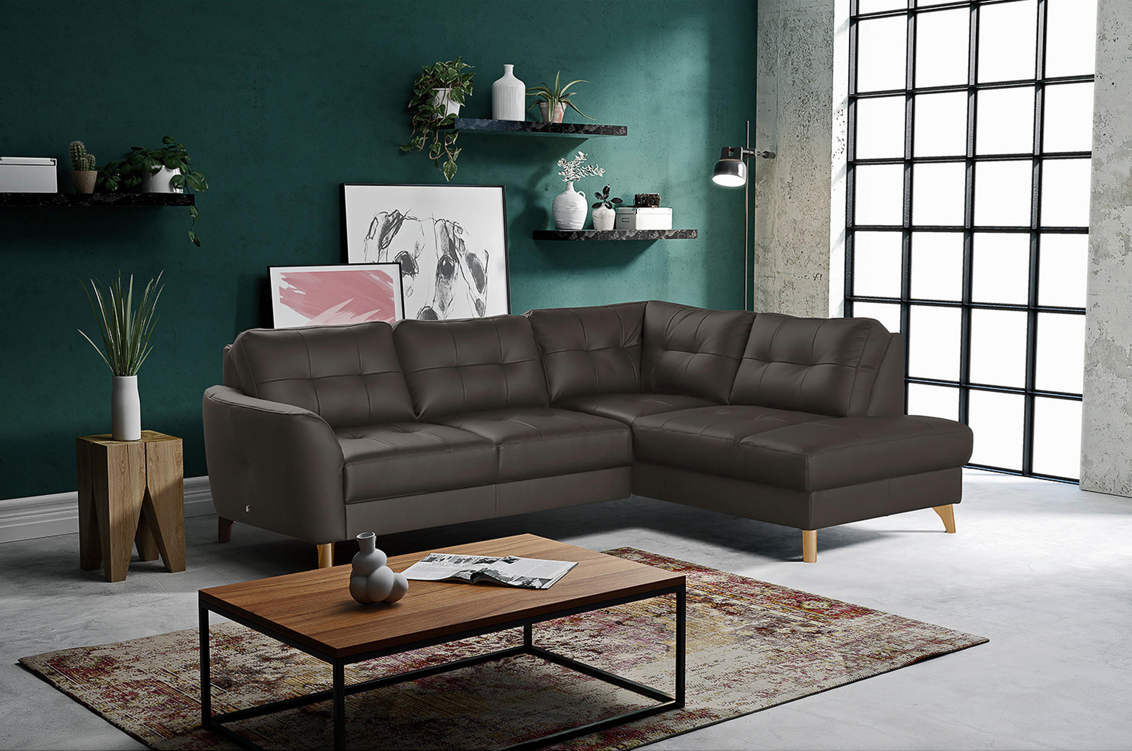 ECKSOFA in Lederlook Echtleder Dunkelbraun  - Dunkelbraun/Buchefarben, Design, Leder/Holz (236/190cm) - Livetastic