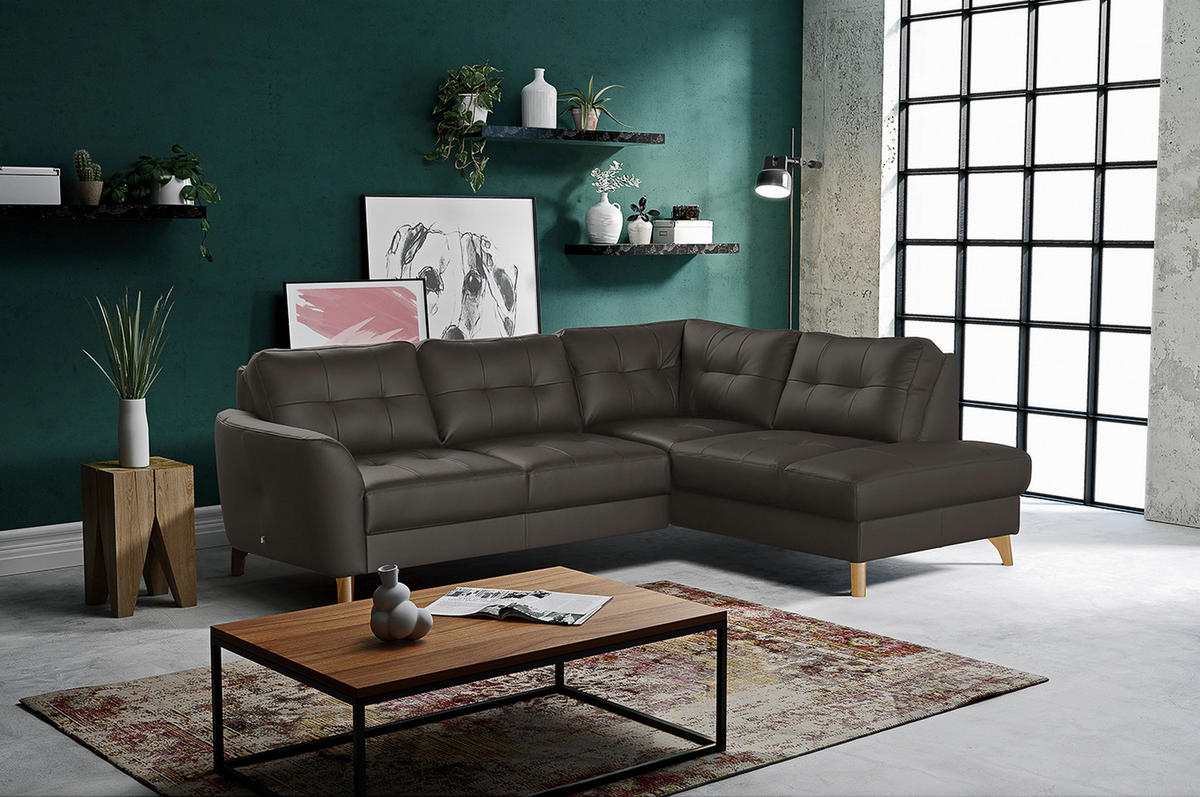 ECKSOFA Dunkelbraun Echtleder Lederlook  - Dunkelbraun/Buchefarben, Design, Leder/Holz (236/190cm) - Livetastic
