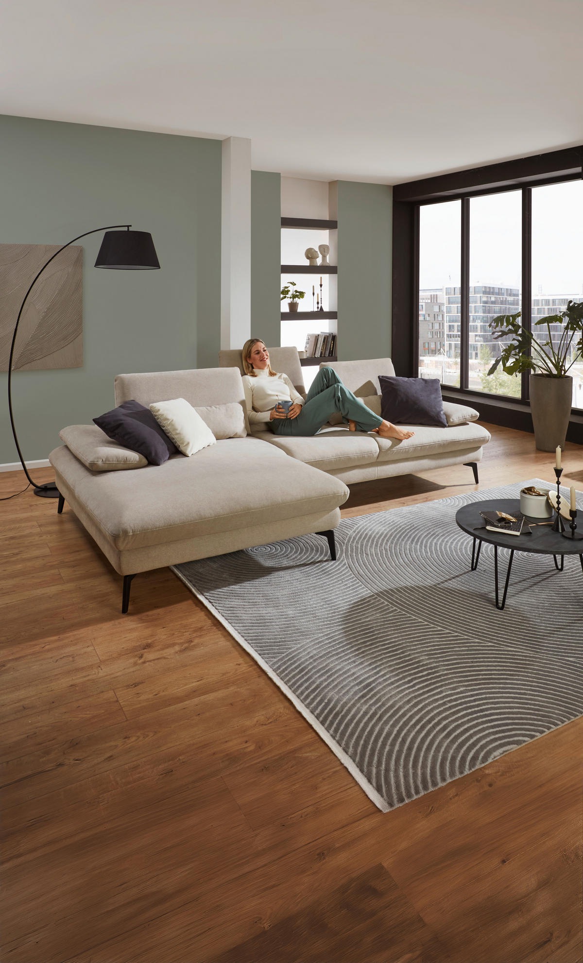ECKSOFA in Mikrofaser, Chenille Ecru  - Ecru/Schwarz, Design, Textil/Metall (157/299cm) - Dieter Knoll