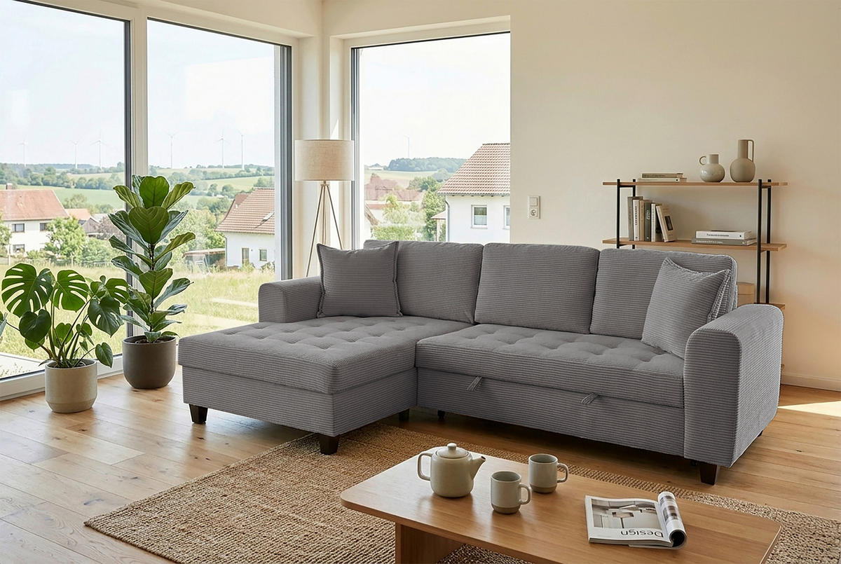 ECKSOFA MORITZ Grau Cord Zierkissen, Bettkasten  - Grau, Trend, Textil (155/265cm) - P & B