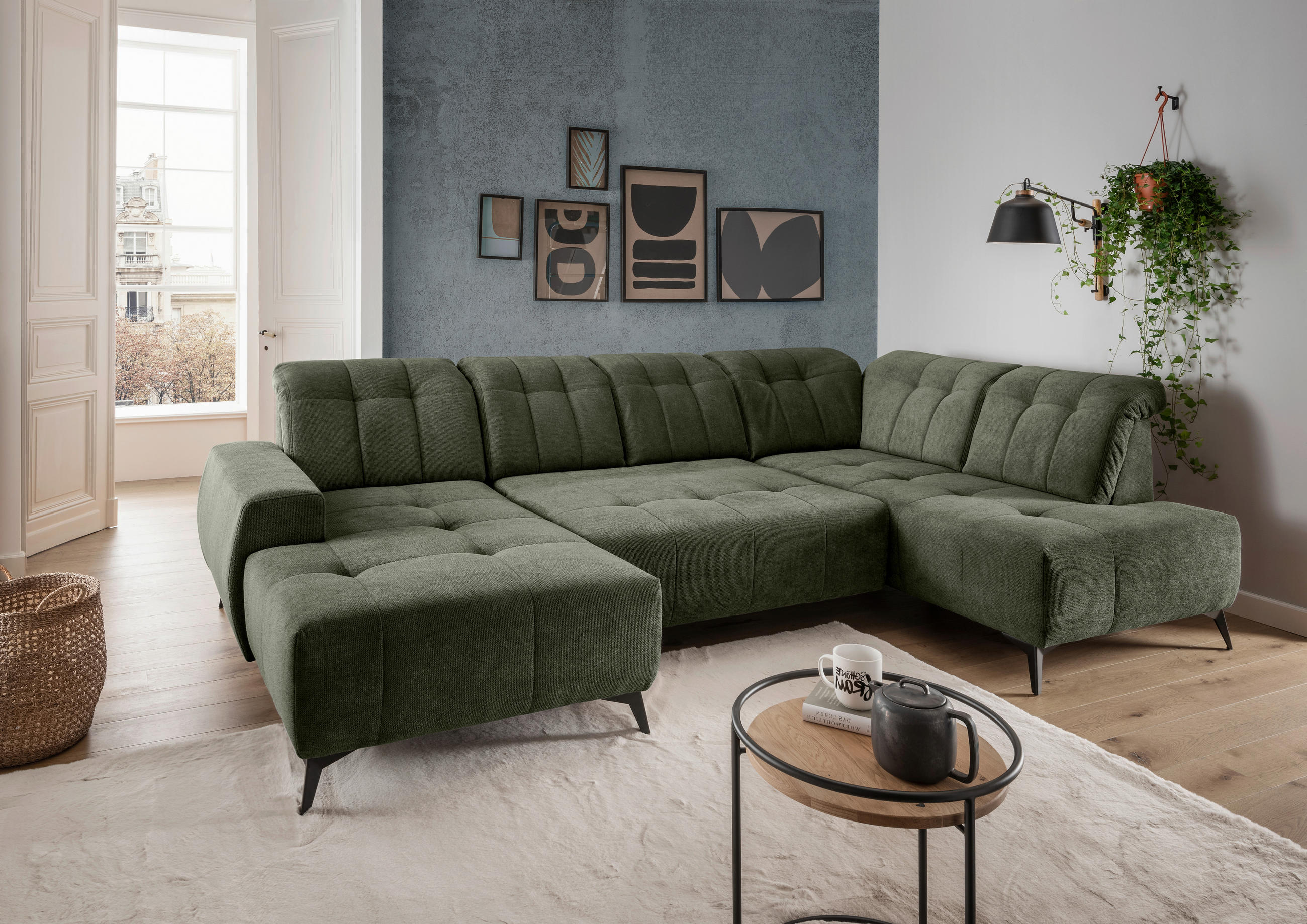 WOHNLANDSCHAFT Chenille Dunkelgrün  - Dunkelgrün/Schwarz, Modern, Textil/Metall (200/337/180cm) - Livetastic
