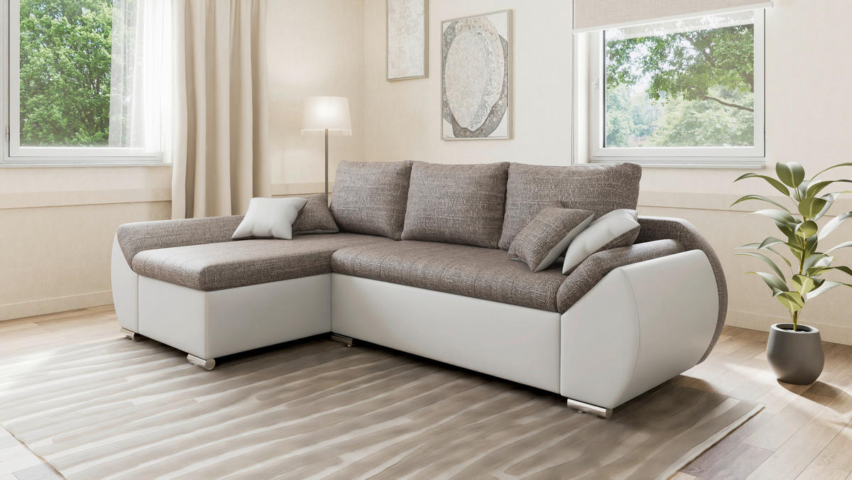 ECKSOFA  AURO Braun, Weiß  - Silberfarben/Braun, Design, Kunststoff/Textil (275/155cm) - MID.YOU