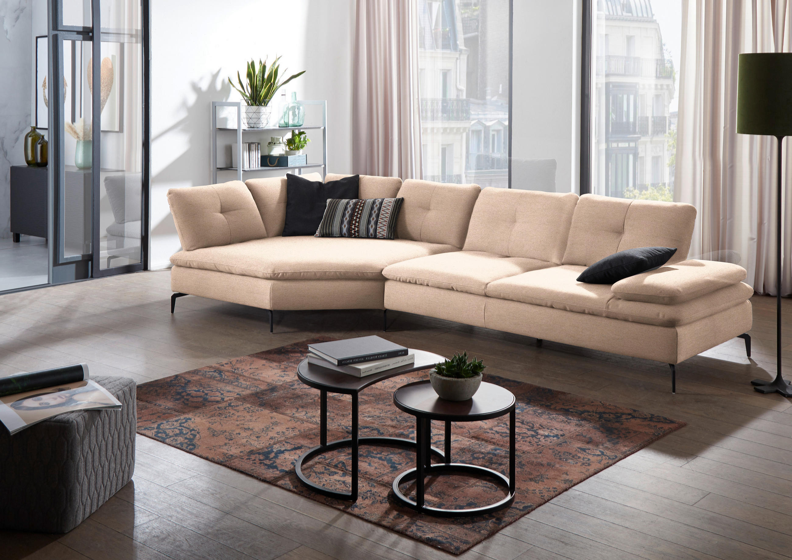 ECKSOFA in Flachgewebe Hellbraun  - Hellbraun/Schwarz, Design, Textil/Metall (157/344cm) - Chilliano