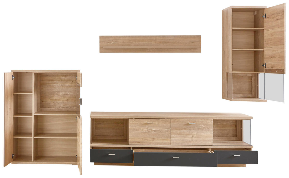 REGAL ZA DNEVNI BORAVAK boje hrasta, tamno siva   - srebrne boje/boje hrasta, Design, staklo/drvni materijal (324,6/204,2/45cm) - Stylife