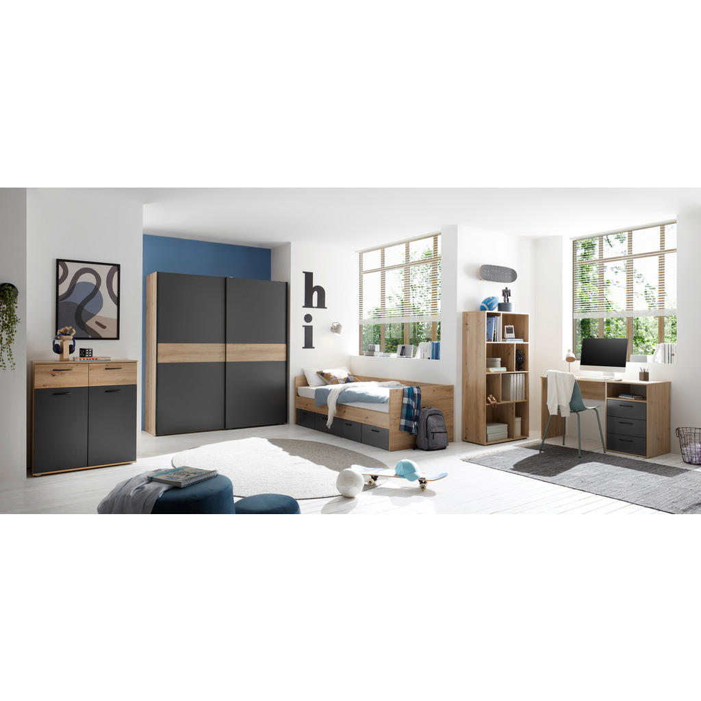 Thumbnail - Boxxx Schreibtisch, Graphit, Eiche Artisan, Kunststoff, 3 Schubladen, rechteckig, 54x75x120 cm, Arbeitszimmer, Schreibti...