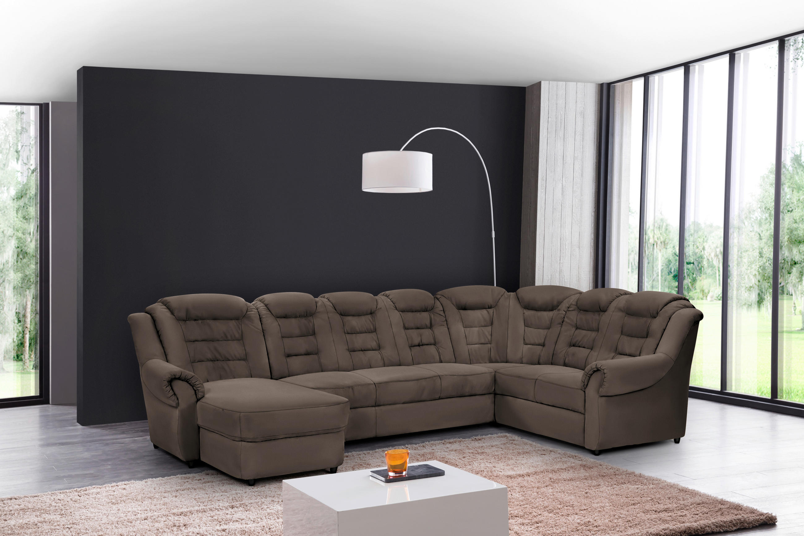 WOHNLANDSCHAFT in Lederlook Braun - Schwarz/Braun, Konventionell, Kunststoff/Textil (165/333/216cm) - Livetastic