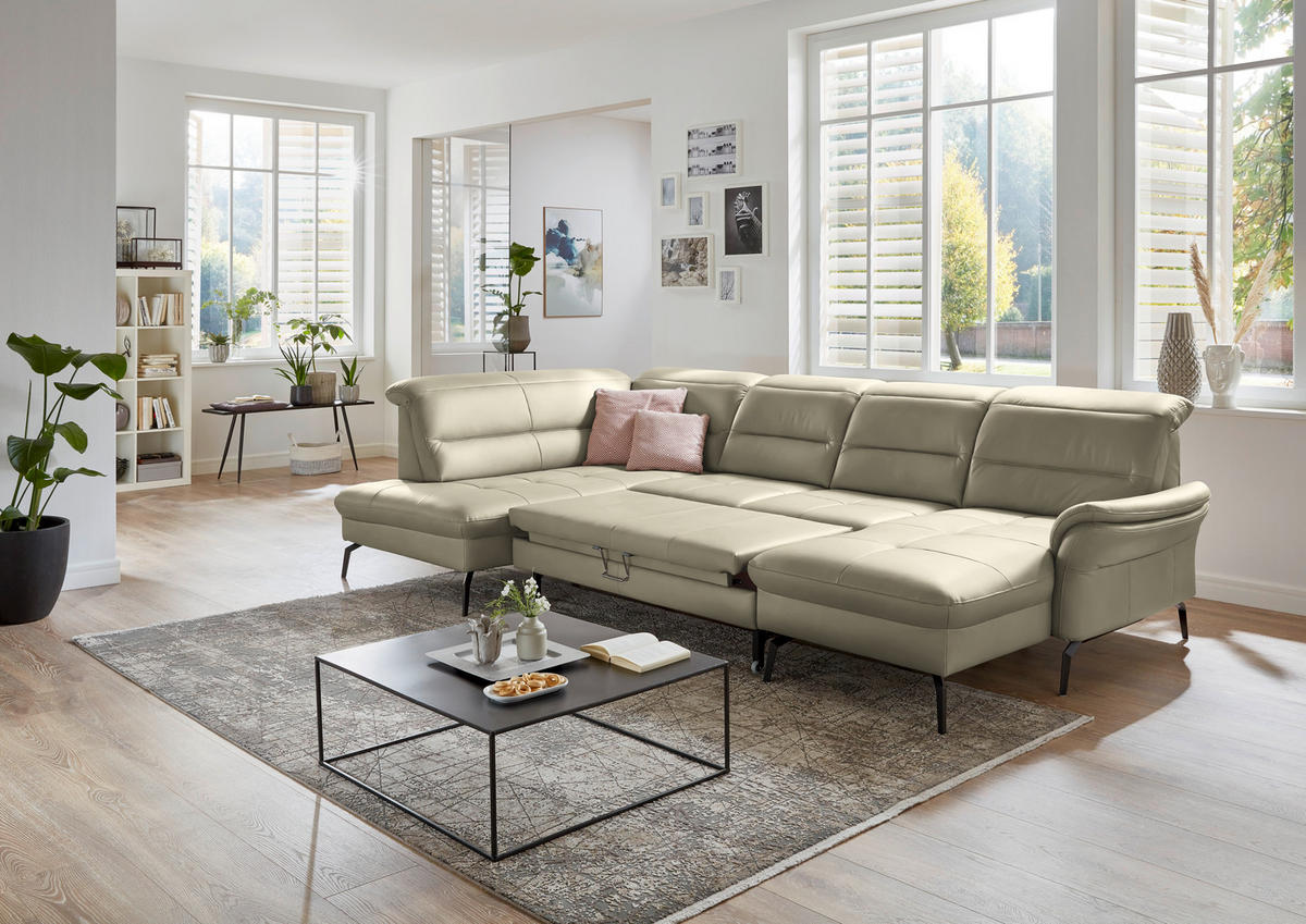WOHNLANDSCHAFT in Echtleder Creme, Naturfarben  - Creme/Schwarz, Design, Leder/Metall (206/336/181cm) - Beldomo Speed