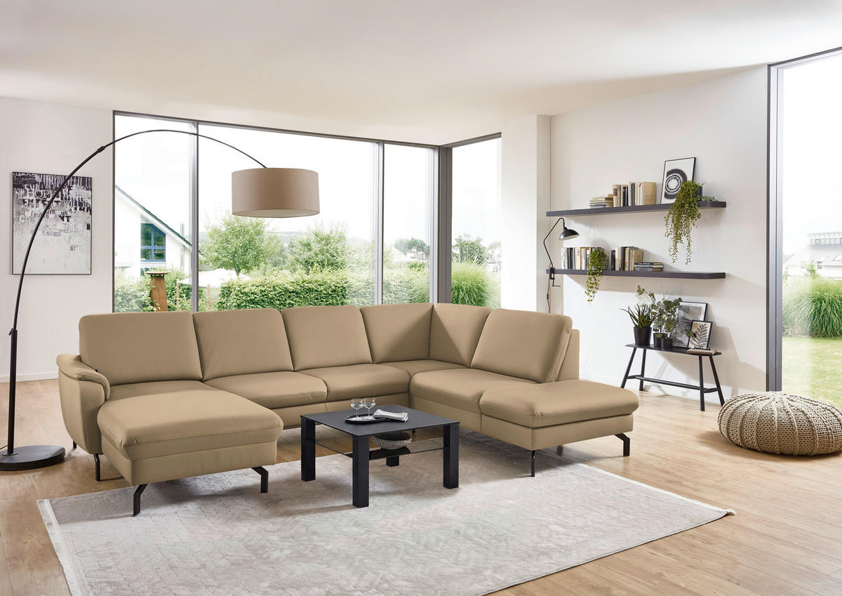 WOHNLANDSCHAFT Beldomo premium in Echtleder Beige  - Beige/Schwarz, KONVENTIONELL, Leder/Metall (168/306/224cm) - Beldomo Premium