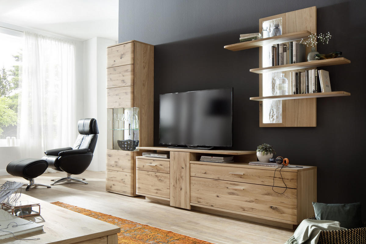 WOHNWAND  in Eichefarben 320/208/45 cm  - Eichefarben/Schwarz, Design, Glas/Holz (320/208/45cm) - Livetastic