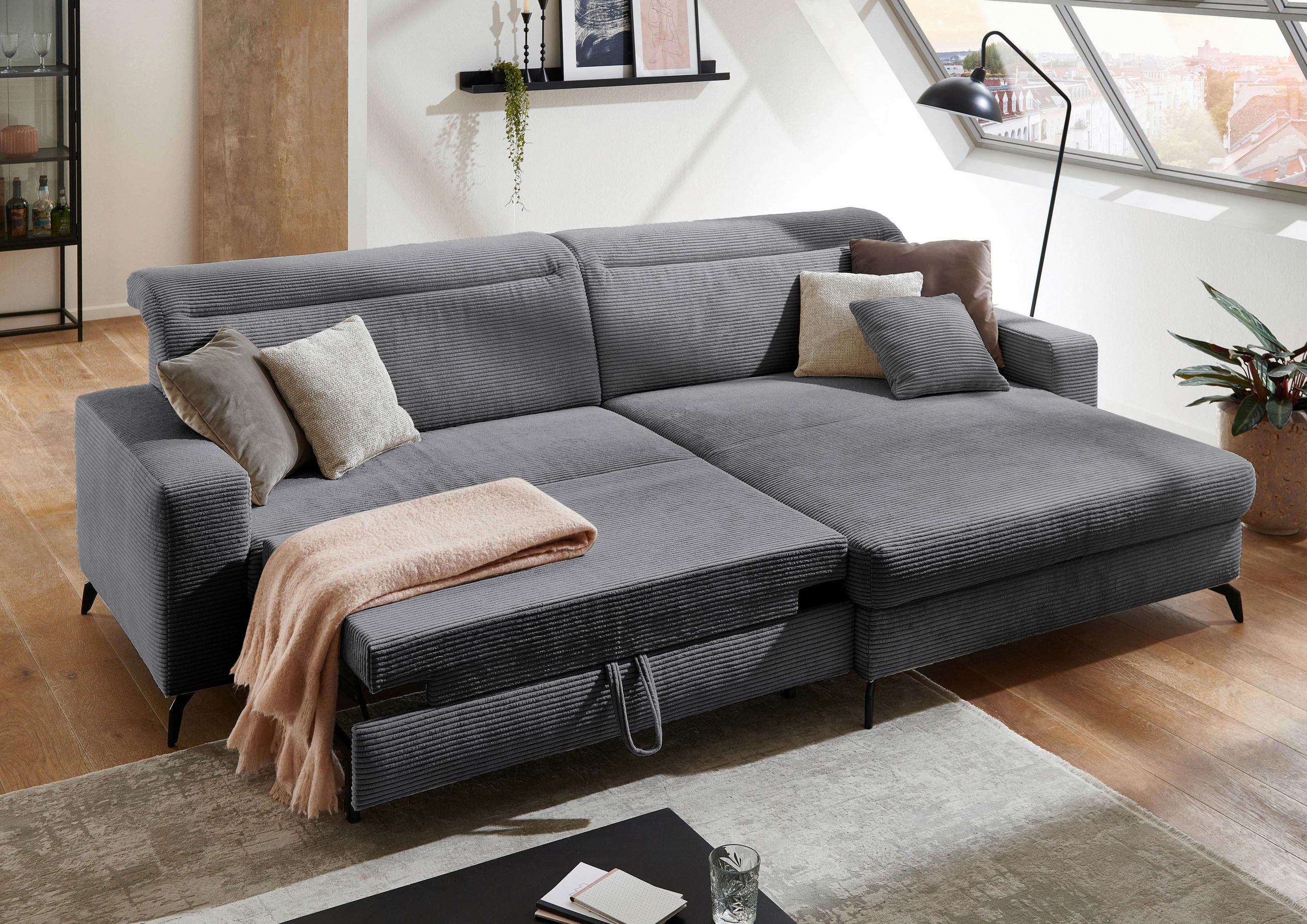 ECKSOFA in Cord Grau  - Schwarz/Grau, Konventionell, Textil/Metall (290/178cm) - Sit & More