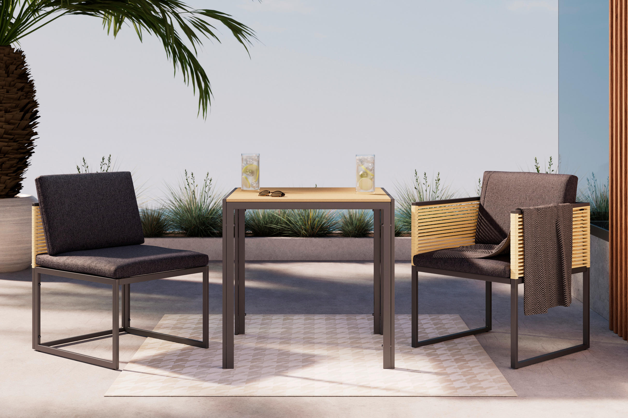 BALKONSET  3-teilig  - Dunkelgrau/Anthrazit, MODERN, Kunststoff/Textil (69,5/74/70cm) - Ambia Garden