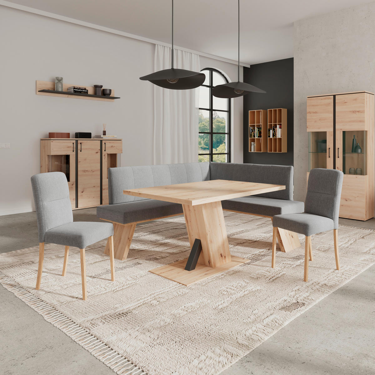 ECKBANK 160/140 cm Webstoff Hellgrau   - Eichefarben/Hellgrau, KONVENTIONELL, Textil (160/140cm)