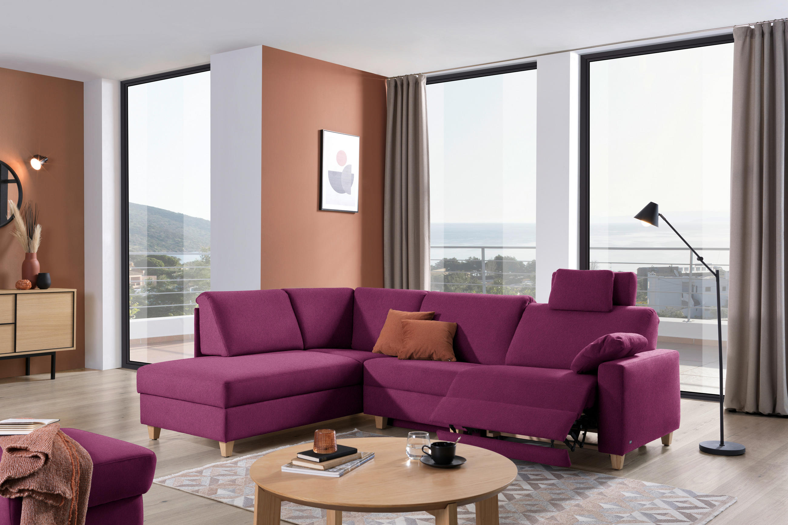 ECKSOFA in Flachgewebe Beere  203/261 cm  - Eichefarben/Beere, KONVENTIONELL, Holz/Textil (203/261cm) - Sedda