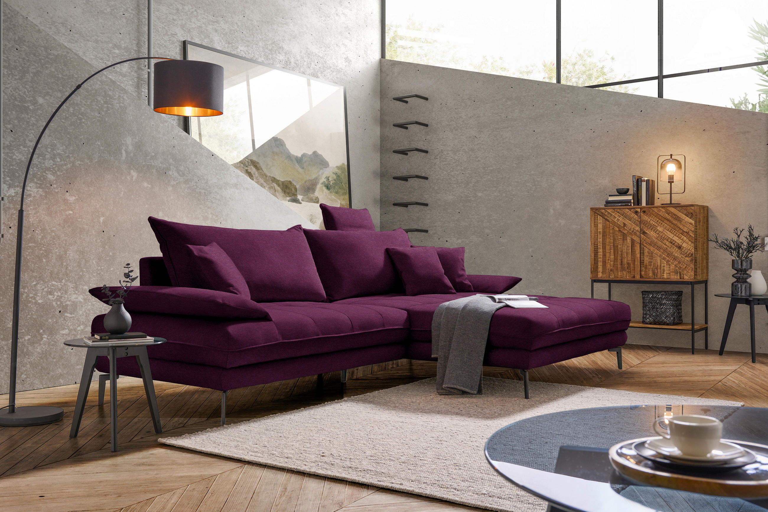 ECKSOFA PRATO Beere Mikrofaser  - Beere/Schwarz, MODERN, Textil/Metall (292/176cm) - MID.YOU