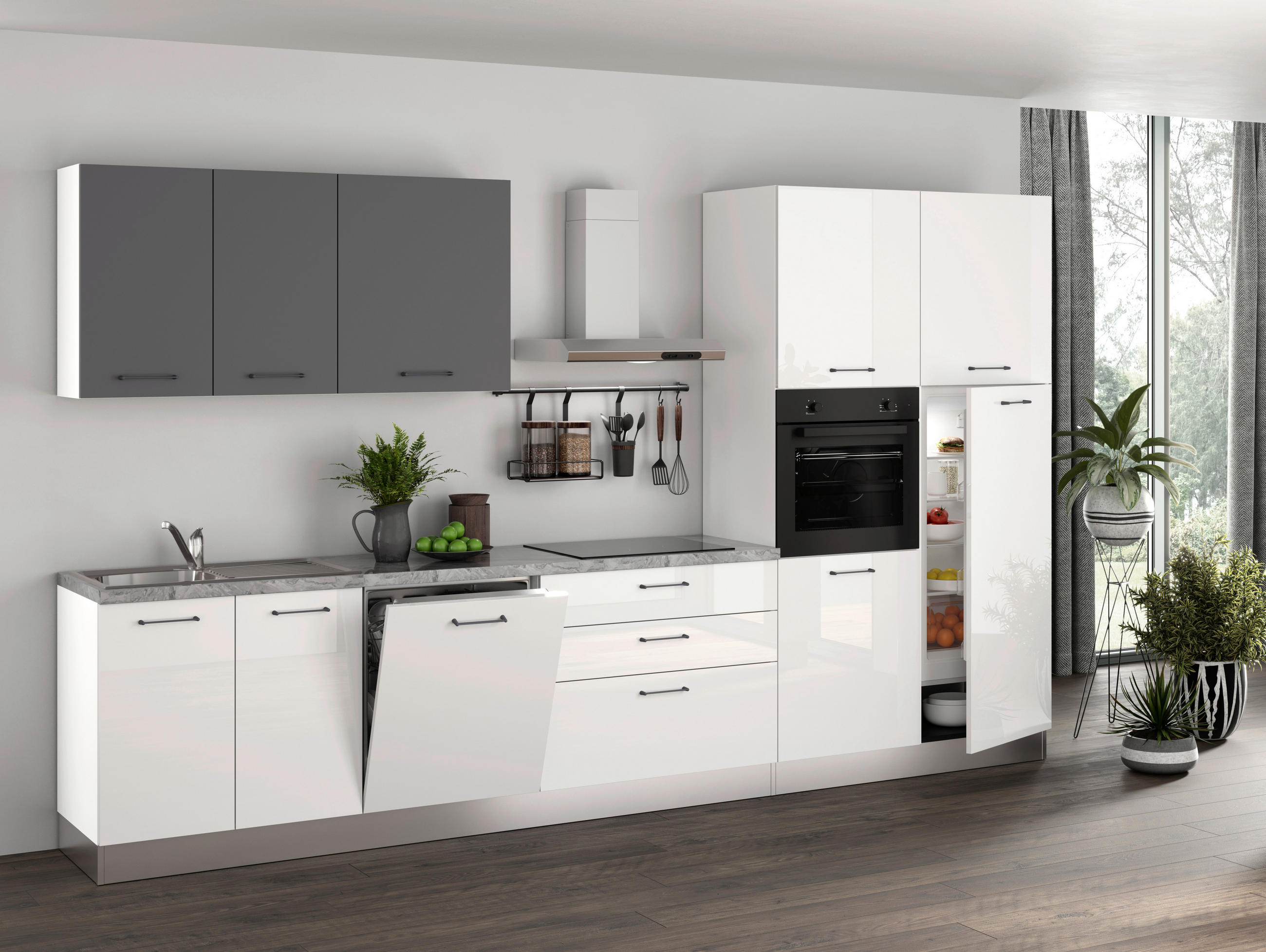 BLOK KUHINJA S APARATIMA bijela, tamno siva - bijela/magnolija, Moderno, drvni materijal/metal (350/216/60cm) - Italstyle