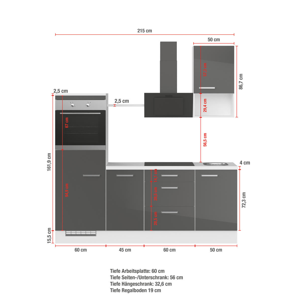 KÜCHENLEERBLOCK 215 cm   in Weiß Hochglanz  - Edelstahlfarben/Weiß Hochglanz, Design, Holzwerkstoff/Metall (215cm) - Impuls