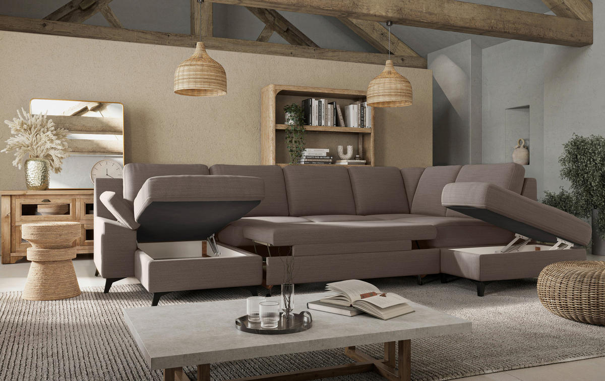 WOHNLANDSCHAFT in Flachgewebe Taupe  - Taupe/Schwarz, Konventionell, Textil/Metall (156/309/204cm) - Cotta