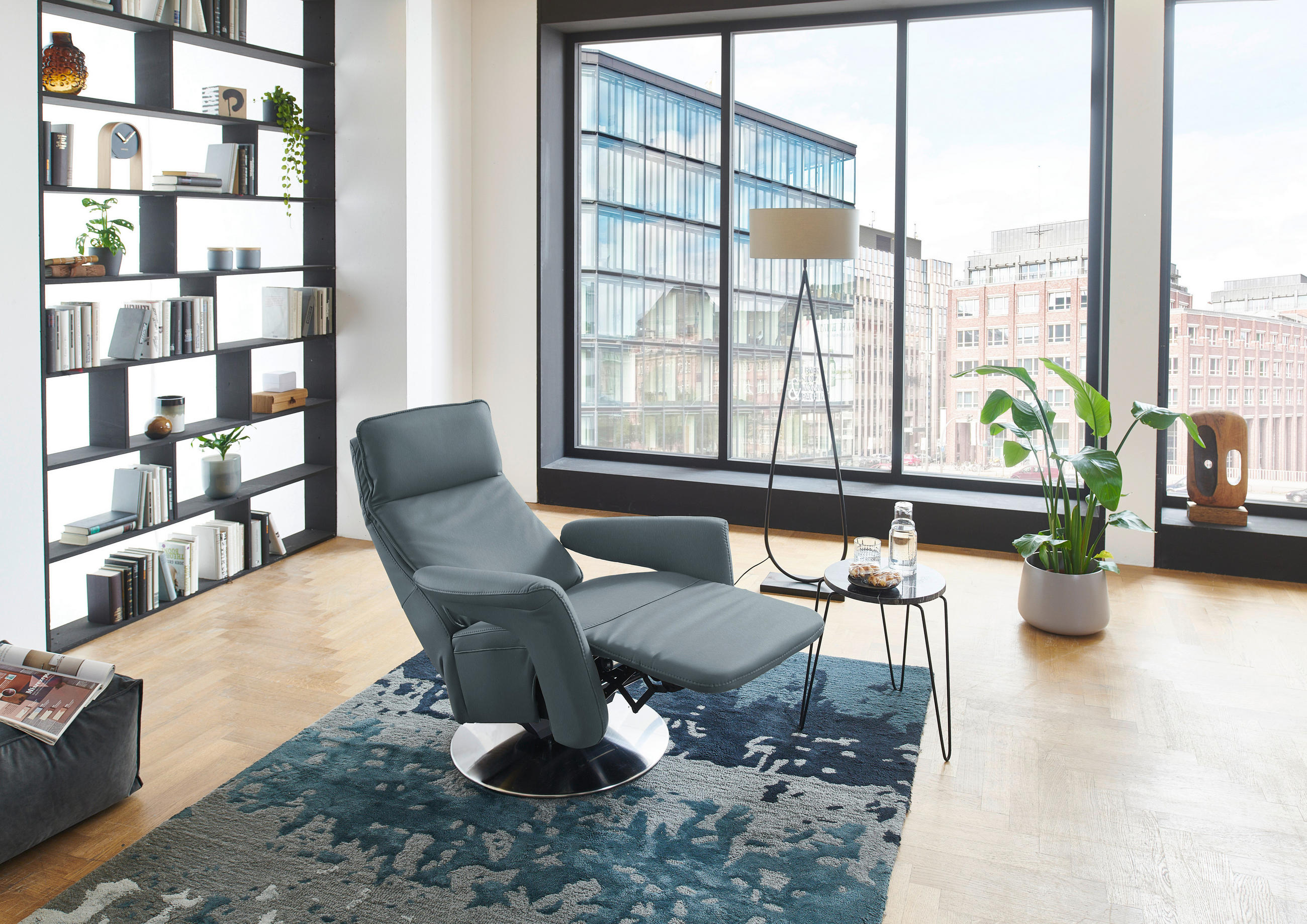 RELAXSESSEL in Leder Blaugrau  - Edelstahlfarben/Blaugrau, Design, Leder/Metall (83/112/87-174cm) - Valdera