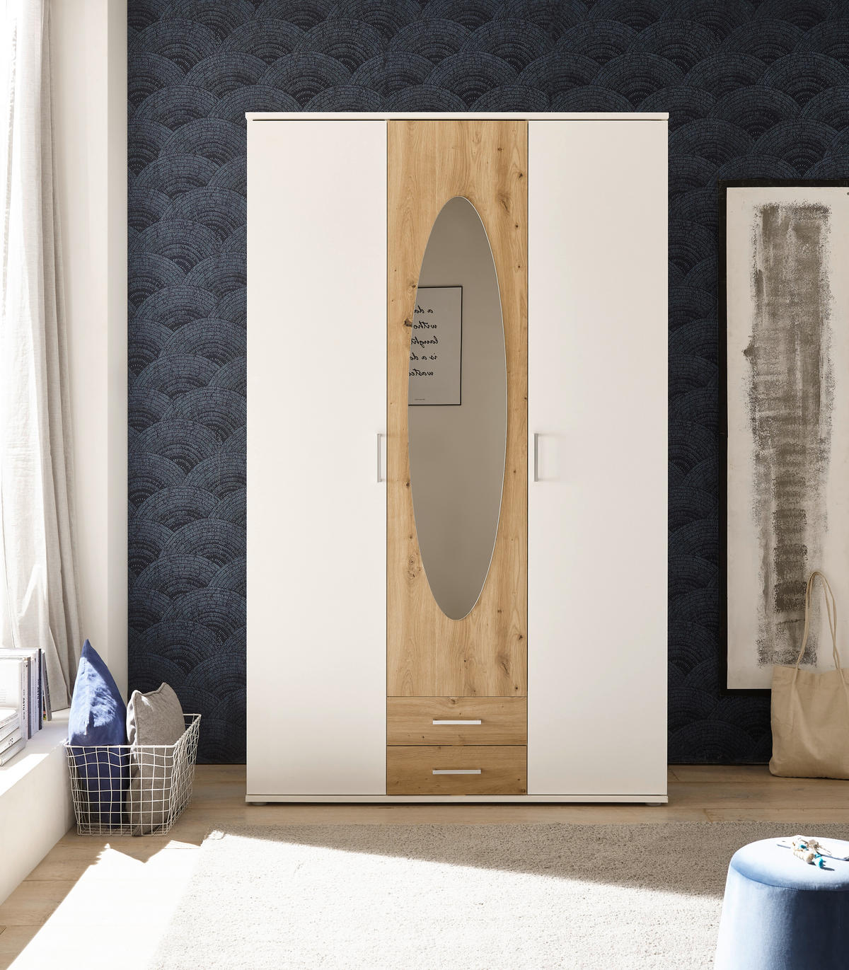 DREHTÜRENSCHRANK 120/195/55 cm 3-türig Weiß, Eiche Artisan  - Alufarben/Weiß, ROMANTIK / LANDHAUS, Glas/Holzwerkstoff (120/195/55cm) - P & B
