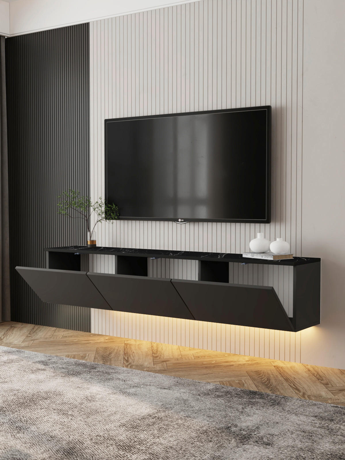 LOWBOARD Neon TV-Möbel  in 160/35/32 cm  - Anthrazit/Schwarz, Design, Holzwerkstoff (160/35/32cm) - Livetastic