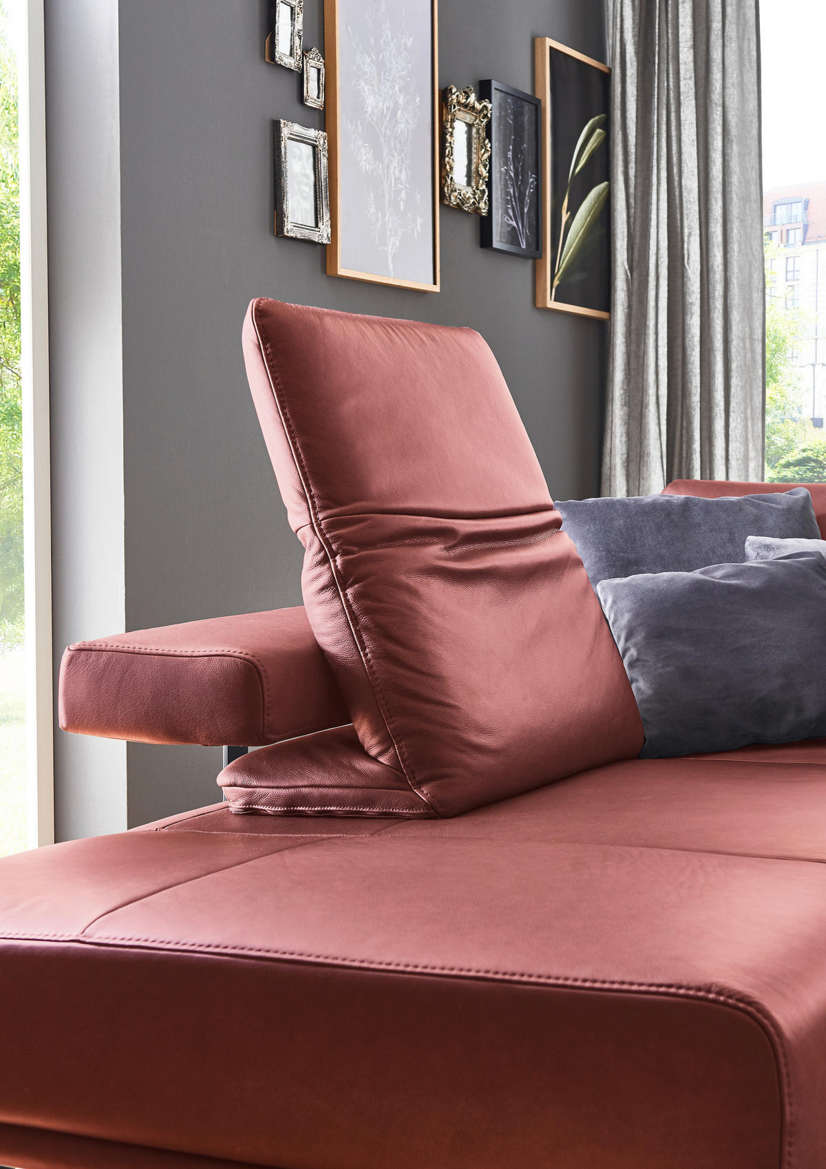 ECKSOFA in Echtleder Weinrot  - Anthrazit/Weinrot, Design, Leder/Metall (255/325cm) - Dieter Knoll