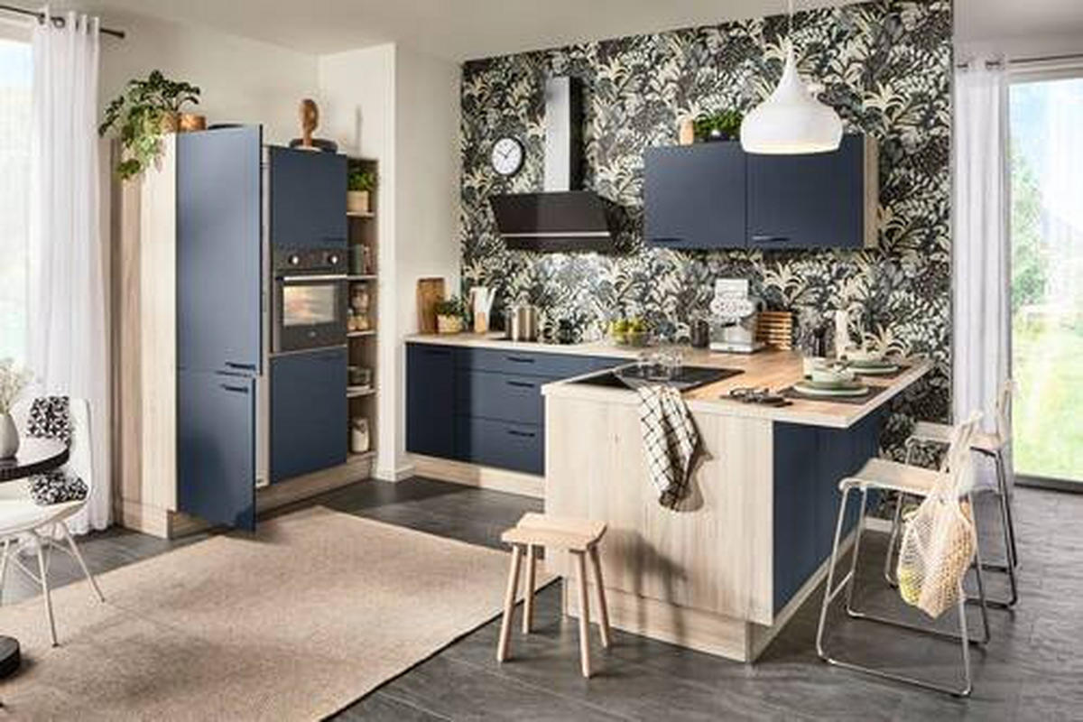 ECKKÜCHE  in Blau, Eichefarben  - Blau/Eichefarben, Design, Holzwerkstoff/Metall (150/280/192cm) - Xora