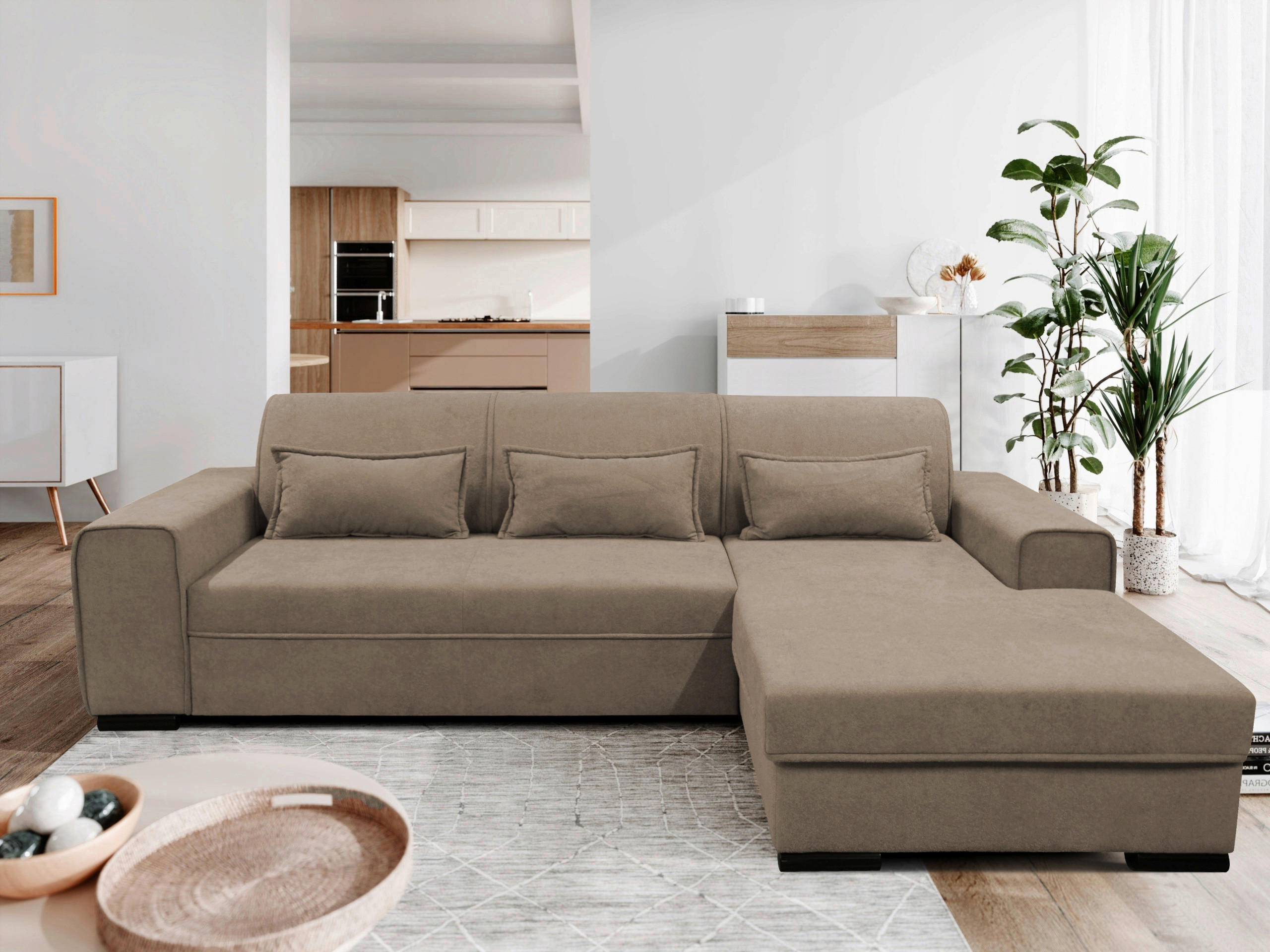 ECKSOFA in Struktur, Bouclé Taupe  - Taupe/Schwarz, Design, Kunststoff/Textil (270/175cm) - MID.YOU