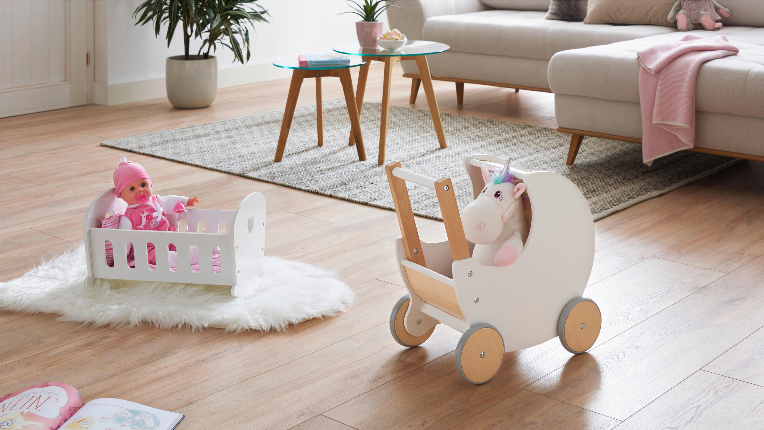 KOČÍK PRE BÁBIKY - biela/prírodná farba, Trend, drevo (46/27/44cm) - My Baby Lou