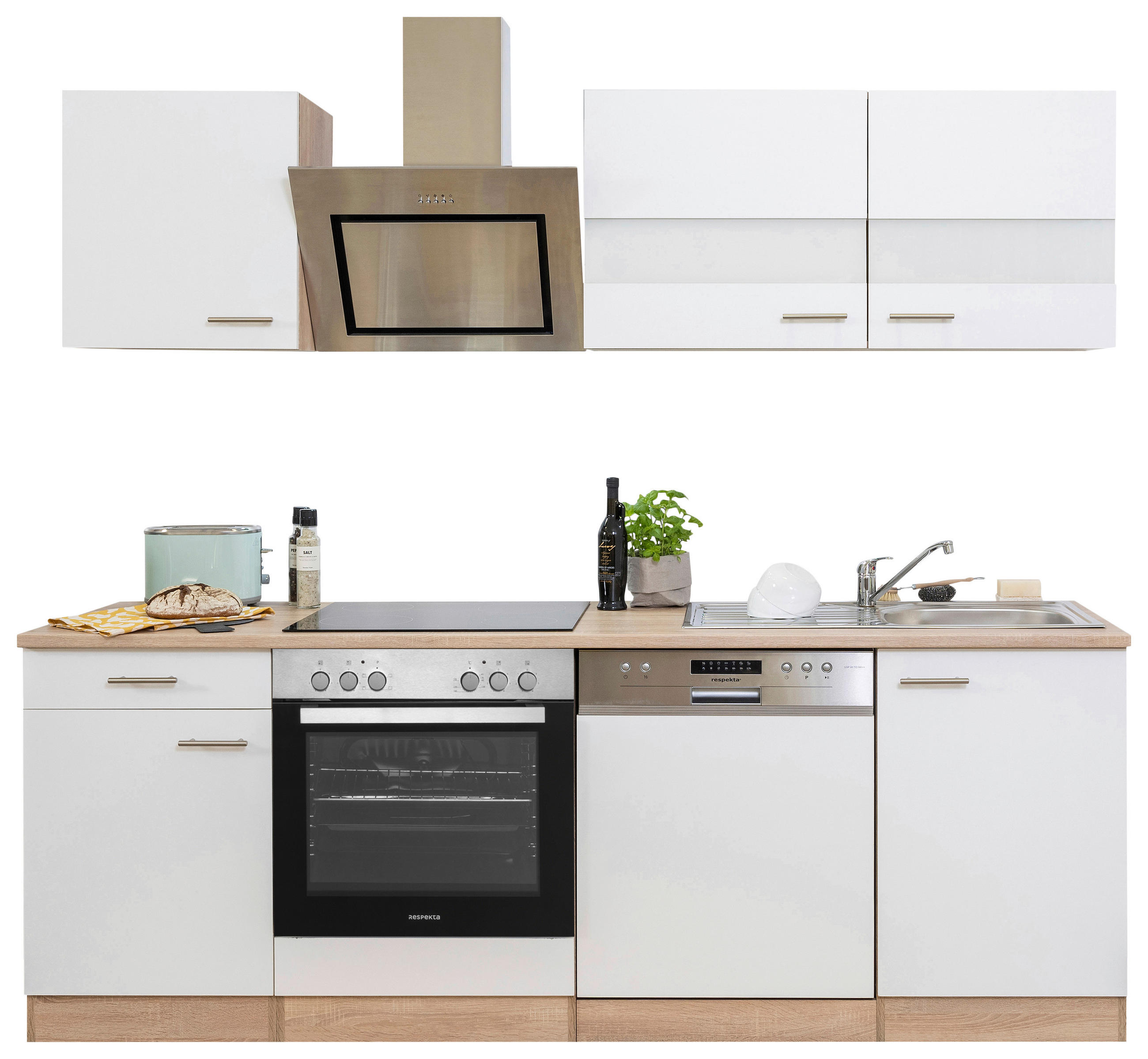 KÜCHENBLOCK 220 cm in Weiß - Edelstahlfarben/Eichefarben, Basics, Holzwerkstoff/Metall (220cm) - Respekta