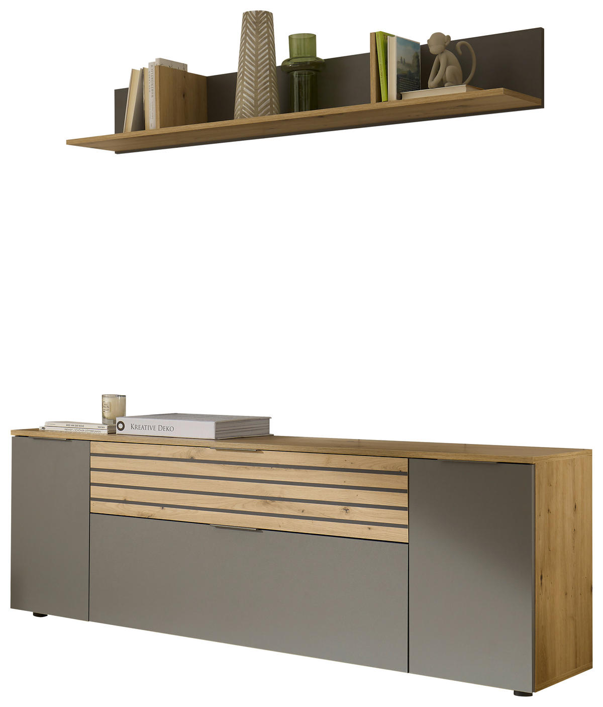 WOHNWAND 2-teilig  in Eiche Artisan, Grau  177/59,4/37 cm  - Schwarz/Eiche Artisan, Design, Holzwerkstoff/Kunststoff (177/59,4/37cm) - MID.YOU
