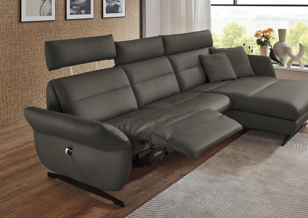ECKSOFA in Echtleder Dunkelgrau  - Dunkelgrau/Schwarz, Design, Leder/Metall (300/157cm) - Dieter Knoll
