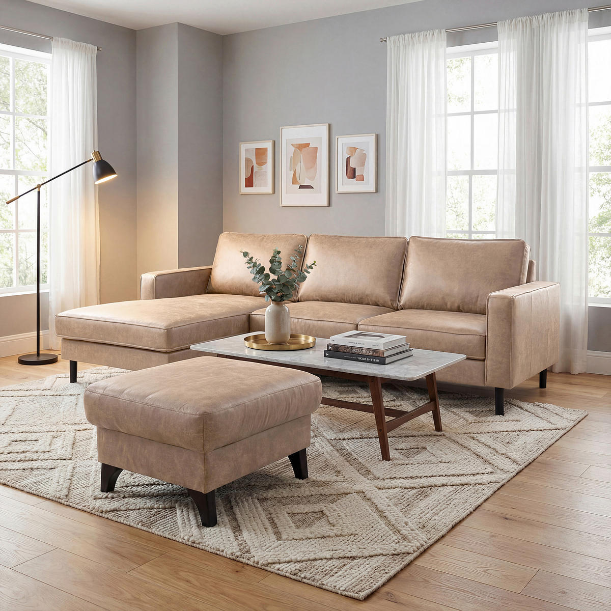 ECKSOFA Sandfarben Echtleder Lederlook Bettkasten, Schlaffunktion, Rücken echt  - Sandfarben/Schwarz, Design, Leder/Textil (166/238cm) - Livetastic