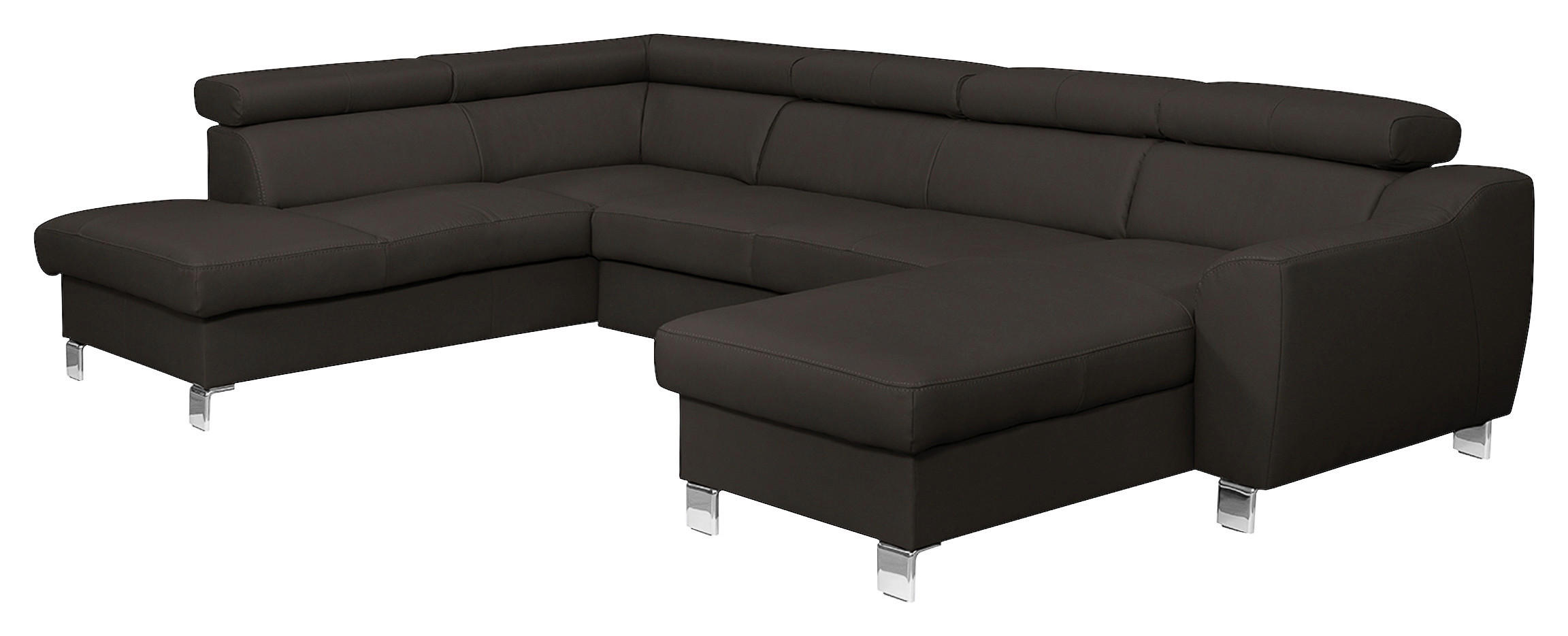 WOHNLANDSCHAFT Dunkelbraun Echtleder Lederlook  - Chromfarben/Dunkelbraun, Design, Leder/Textil (208/315/175cm) - Livetastic