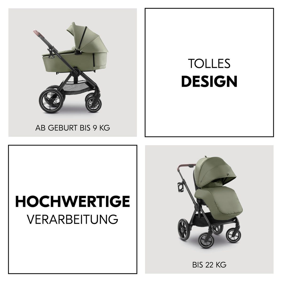 KOMBIKINDERWAGEN Comfort N Care Set  - Schwarz/Olivgrün, Basics, Textil/Metall - Hauck