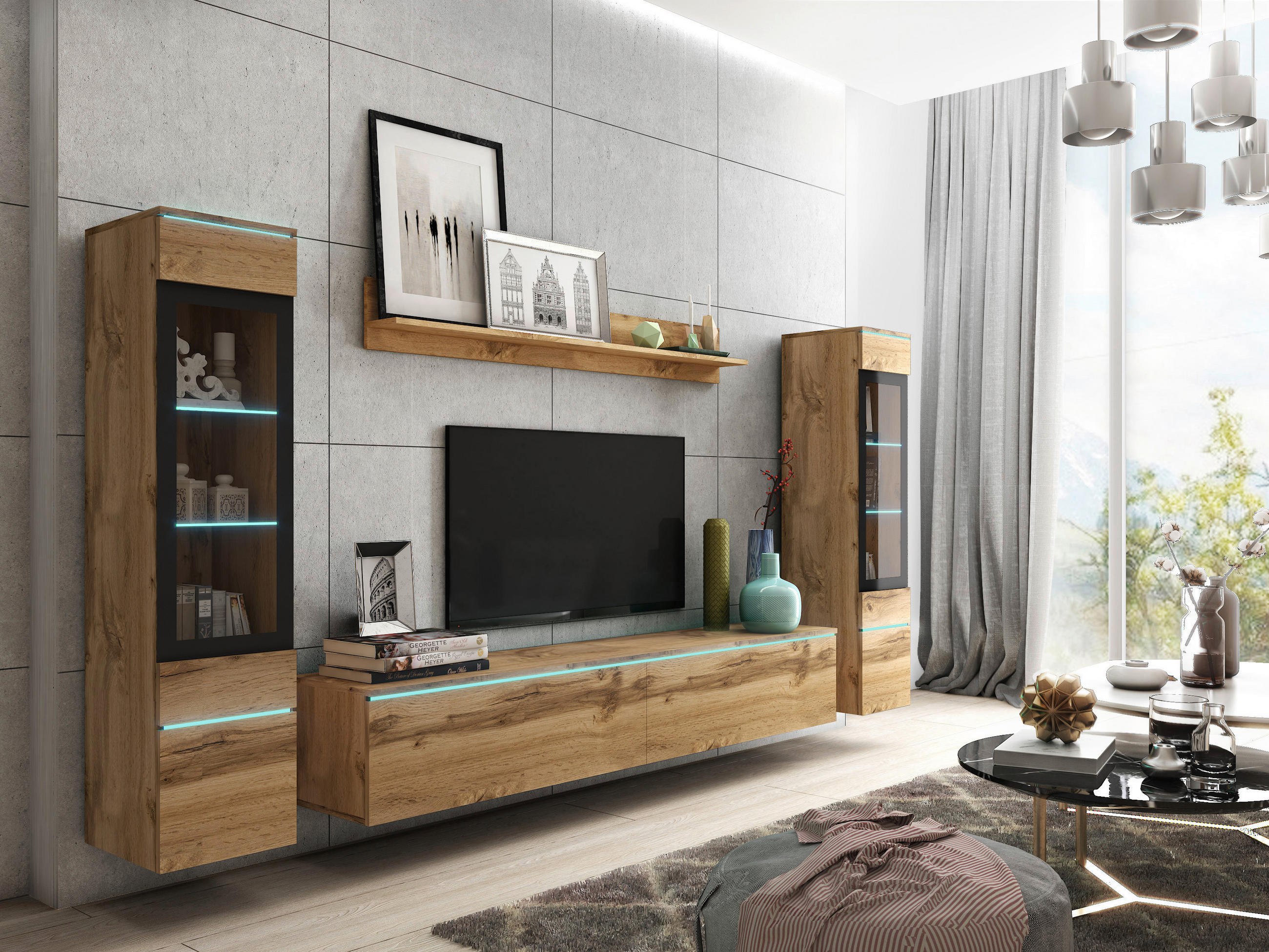 WOHNWAND 4-teilig  in Eiche Wotan  240/130/33 cm  - Eiche Wotan/Grau, LIFESTYLE, Glas/Holzwerkstoff (240/130/33cm) - P & B