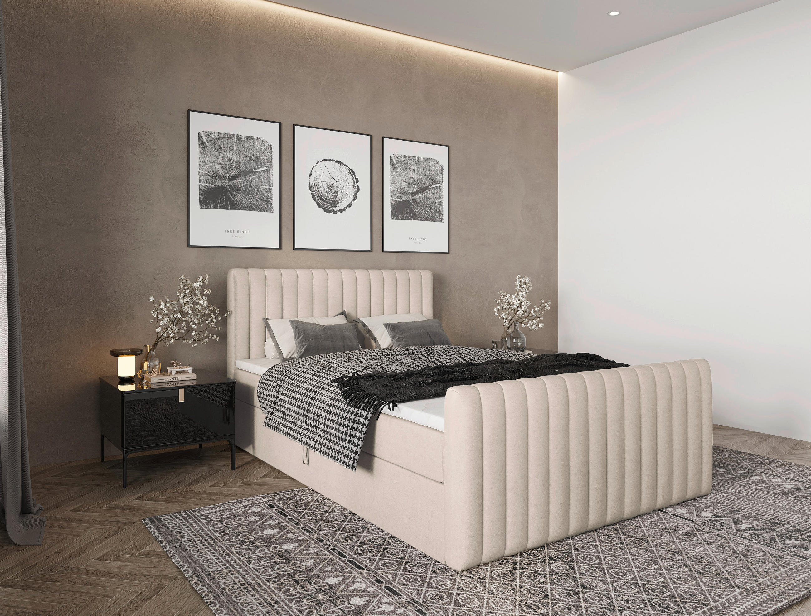 BOXBETT 140/200 cm,  in Creme, gepolstertes Kopfteil, Bettkasten, Topper, Matratzen, H3 + H3 = fest  - Creme/Schwarz, Basics, Kunststoff/Textil (140/200cm) - Chameo