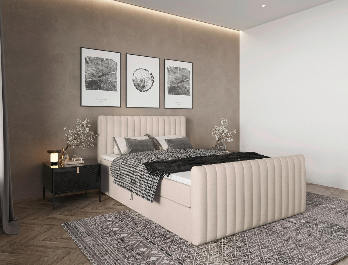 BOXBETT 140/200 cm,  in Creme, gepolstertes Kopfteil, Bettkasten, Topper, Matratzen, H3 + H3 = fest  - Creme/Schwarz, Basics, Kunststoff/Textil (140/200cm) - Chameo